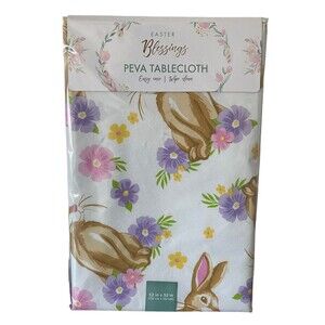 Easter Blessings- Bunnies with Flowers- Peva Tablecloth 52" x 52" NEW